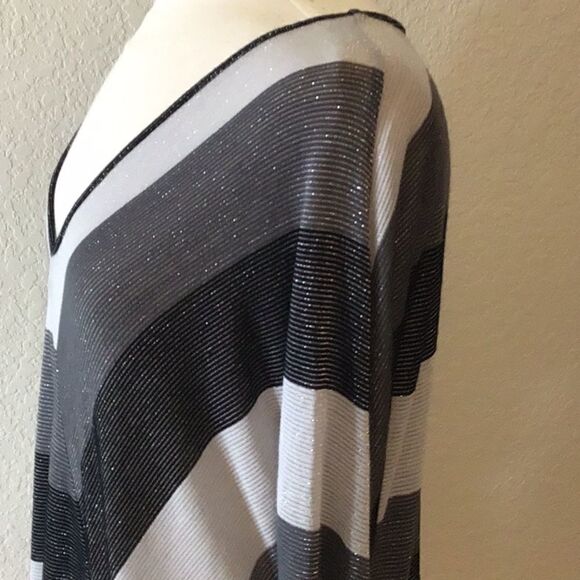 Cable & Gauge Top V Neck Sparkly Metallic Knit Stripe Tunic Black Gray Size L - Picture 3 of 11